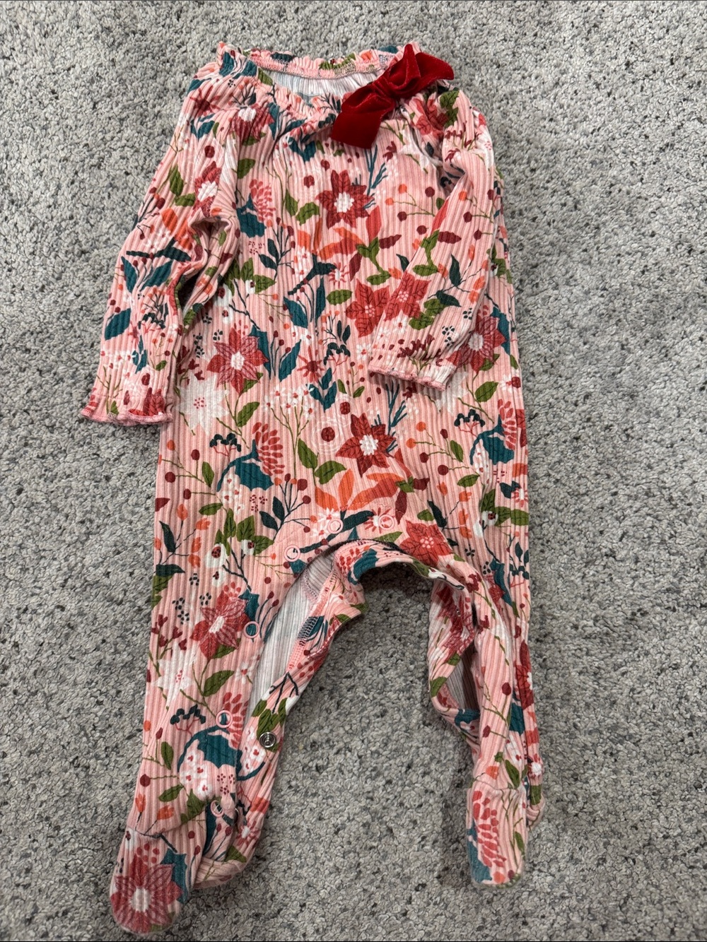 Mud Pie Pink Floral Ribbed Footie with Red Bow
